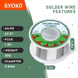 SYOKO 63/37 Soldering Wire 0.8mm 50g Tin Lead Rosin Core Solder Wire for Electrical Soldering, Electrical Solder, 1.8% Solder Flux (63/37 0.8mm 50g)