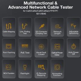 FIXCHIGO 10 in 1 Network Cable Tester with 7 Wavelengths OPM 10Km/10mW VFL 600M Measurable Length 100 Records Tool Kit for CAT5 CAT6 Telephone Ethernet RJ11 RJ45 PoE Wire Tracer NCV, Red