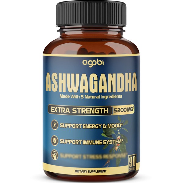 Ashwagandha Extract Capsule - Great Strength 5200mg of Powder. Blended Ginger Root, Turmeric Curcumin, Rhodiola Rosea Root and Black Pepper - 90 Capsules - 3 Month Supply