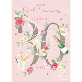 Noel Tatt 30th Milestone Pearl Anniversary Card - 30 Years - Champagne and Roses Design - Eco-Friendly and Recyclable