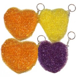 Unbranded Set of 4 Fuzzy TInsel Heart Coin Purses Keychains Bags Orange Yellow Purple NEW