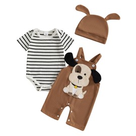 XIXIMAON Infant Baby Boy Outfits Short Sleeve Striped Romper Cartoon Dog Suspender Pants Dog Ears Hat Set 3pcs Cute Toddler Spring Summer Clothes Set (Khaki, 9-12 Months)