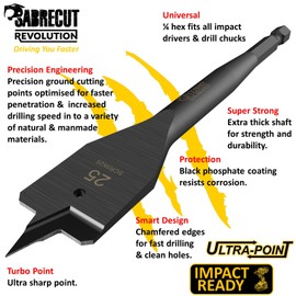 5 x SabreCut SCRIW25_5 25mm x 152mm Impact Rated Flat Wood Spade Bits Compatible with Bosch Dewalt Makita Milwaukee and Many Others