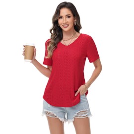 Iysogha Womens Basic Tops Short Sleeve Summer T Shirts Ladies Tops V Neck Work Office Blouse Flowy Fahion Clothing Dressy Business Casaul Shirts Cute Going Out Wear Red Large
