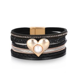 72ore Leather Wrap Bracelets for Women Boho Multilayer Cuff Bracelet Heart Stackable Bangles Bracelet Trendy Crystal Wristbands Western Jewelry Gifts for Teen Girls(Black)