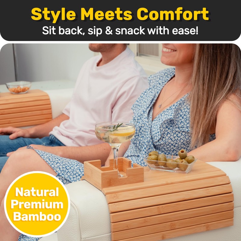 Bamboo Couch Cup Holder for Drink & Snack, Couch Arm