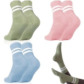 YIMINI 3 Pairs of Women Non-Slip Socks Adult Non-Slip Grip Yoga Socks Stopper Socks Women Adult Non-Slip Socks with Nubs for Yoga, Pilates, Fitness Training, Pink, Blue, Green