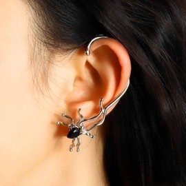 Dervivea Punk Spider Climber Cuff Earrings Onyx Spider Ear Wrap Earring Silver Spider Ear Cuff Earring Spider Ear Crawler Earrings Black Crystal Spider Earrings Jewelry for Women and Girls