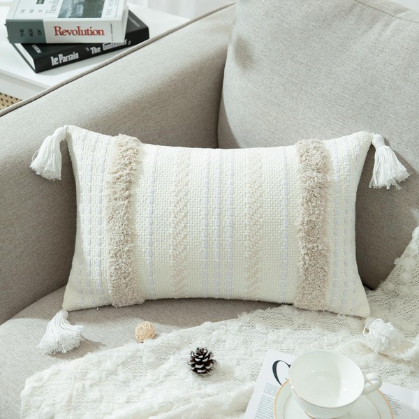 VOGOL Boho Lumbar Throw Pillow Covers 12x20, Woven Tufted Farmhouse