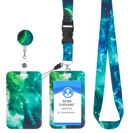 cobee Badge Holder with Lanyard, Retractable Starry Sky ID Card Holder with Wheels with Removable Lanyard, Fashionable Neck Strap, Name Credit Cards, ID Protector (Starry Sky Green)