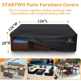 STARTWO Patio Furniture Covers Waterproof, Anti-UV Tear-Resistant 500D Heavy Duty 7-12 Seats Outdoor Furniture Cover for Sectional Sofa, Patio Table Cover, 126"x126"x28", Black