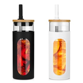 Tronco 22oz Glass Tumbler with Bamboo Lid and Straw, Glass Cup For Boba,Iced Coffee,Smoothie, Spill Proof Glass Water Bottle With Silicone Protective Sleeve, Dishwasher Safe,BPA Free