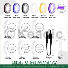 Keadic 15Pcs 0.4/0.5/0.6/0.7/0.8/1mm Crystal Clear Stretchy Elastic Bead String, 196 Ft 0.8mm Flat Elastic Beading Wire Thread Rope and Cutter for Bracelet Necklace Crafts Clay/Crystal/Pony Beads