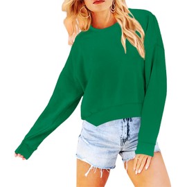 Joywayco Women's Long Sleeve Round Neck Cropped Sweatshirts Cute Loose Fit Pullover Tops (US, Alpha, XX-Large, Regular, Regular, Green)