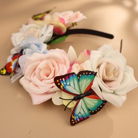 Yheahin Mexican Rose Flower Crown Headband for Women Butterfly Floral Headpiece Day of The Dead Headband Cosplay Party Costume Flower Hair Accessories (Butterfly 1- blue, Elastic)
