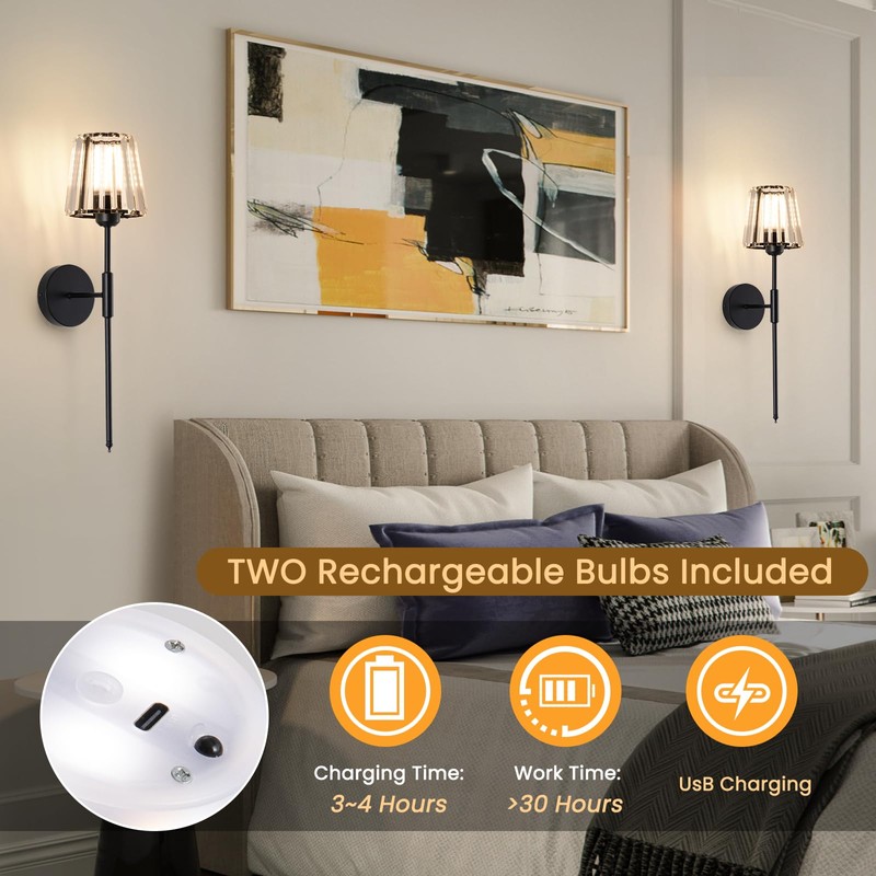 EIDISUNY Battery Operated Crystal Wall Light Set of 2, Wireless