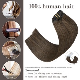 Honsoo Brown Real Human Hair Clip In Hair Extensions Medium Brown 70g 7pcs 15in Silky Straight Double Weft No Shedding Hair For Full Head