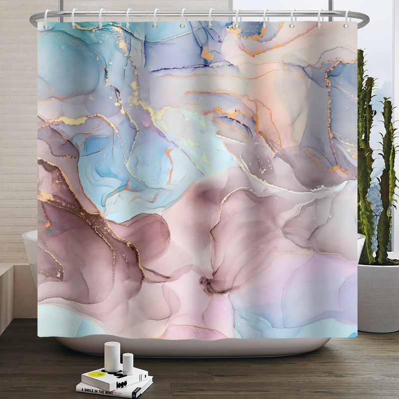 OFILA Blue and Pink Marble Shower Curtain for Bathroom,Abstract Marble