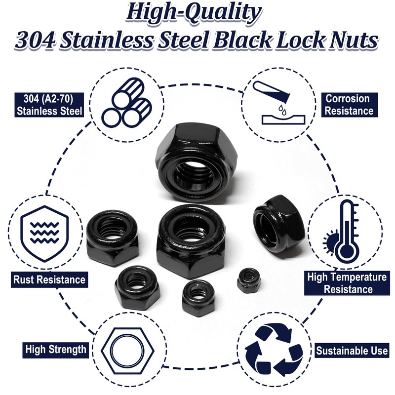 ZQZ 180 Pack Black Locknuts Assortment Kit, M3 M4 M5