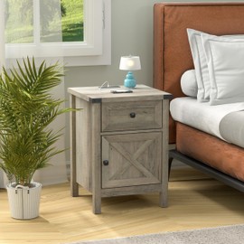 Farmhouse Nightstand with Charging Station, White Side Table, Rustic End Table with Barn Door and Drawer, Rustic Floating Nightstands Modern Bed Side Table Night Stand for Bedroom and Living Room