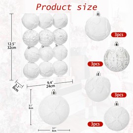 Hollyone 3.15"/80mm White Christmas Ball Ornaments 12 Pcs Shatterproof Christmas Tree Relief Ornaments Set Large Hanging Christmas Ornaments Balls for Christmas Wedding Holiday Wreath Home Decor