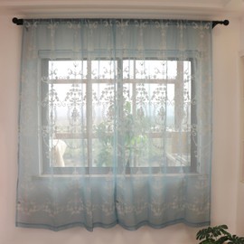 SLOW SOUL Set of 2 Panels Linen Texture Cotton Embroidered Sheer Curtains for Bedroom Living Room Window Treatments Farmhouse European Fancy Lace Curtain Rod Pocket Blue 54W X 84 inch Length