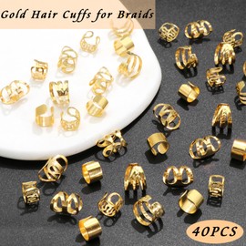 VENOFEN 40PCS Gold Hair Jewelry for Braids - Multi Style Cuffs, Rings, Adjustable Beads for Braid Loc Dreadlock Accessories - Women and Girls
