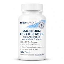 Magnesium Citrate Powder - High Absorption Formula - 125g - 85% NRV Per Serving - Reduces Tiredness - Supports Energy & Muscle Function - Vegan & Gluten Free - No Fillers - Made in UK