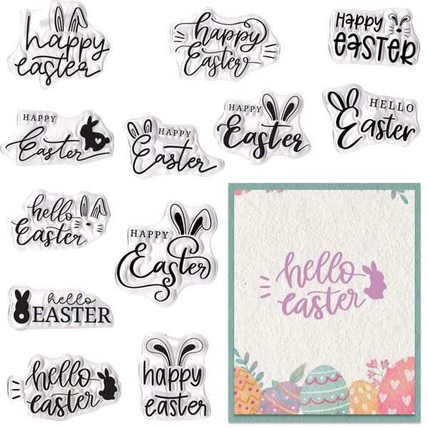 Hying Easter Bunny Words Clear Stamps for Card Making, Eggs Rabbits Rubber Stamps Happy Easter Letters Transparent Stamp Seal for Crafting DIY Scrapbooking Photo Album Decorations