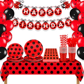 Sumind 200 Pcs Ladybug Party Supplies Ladybug Balloons Ladybug Party Tableware Happy Birthday Banner Dots Tablecloth Cups Straws Napkins for Kids Adults Birthday Decorations(Classic, 51 x 86 inch)