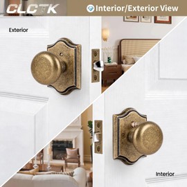 CLCTK Antique Brass Door Knobs Interior with Lock, Vintage Privacy Antique Door Knobs Round Door Handles for Bedroom Bathroom, Zinc Alloy, 1 Pack