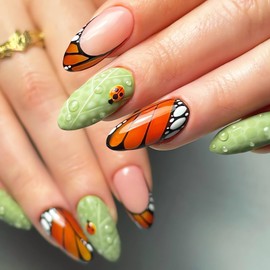 LPOODDNU 3D Press on Nails Almond Shape Fake Nails Glossy Light Green Glue on Nails with Butterfly Wings Dews Designs Summer Fall Artificial Nails Cute Stick on Nails Medium Length for Women, 24Pcs