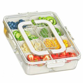 Dimber Snackle Box Container, Divided Serving Tray with Lid and Handle, Adding Cutlery Organizer, 8 Fruit Forks, 2 Spoons, Snackle Box for Sports Events, Candy, Fruits, Snacks,Salad Bar(1-Pack)