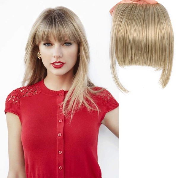LEEONS Bangs Clip in Hair Extensions Front Neat Bang Fringe One Piece 6" Short Straight Hairpiece for Women Dark Ash Brown mix with Bleach Blonde(18/613#)