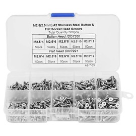 Agatige 500Pcs Self Tapping Button Flat Head Hex Socket Screws Set, M2.5x4, M2.5x6, M2.5x8, M2.5x10, M2.5x12 Stainless Steel Screws Assortment Kit for Mechanical Installation, Electronic Products