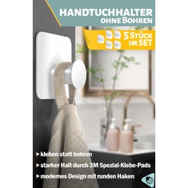 Menz Menz Handtuchhalter ohne Bohren, 5er SET - Stilvolle wei?e Haken selbstklebend mit 3M-Spezial-Klebe-Pads - Moderne Klebehaken ideal als Wandhaken, Handtuchhaken Bad rostfrei