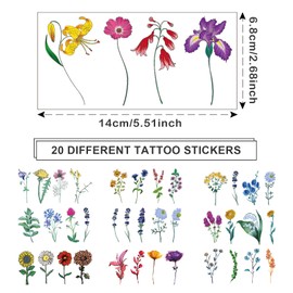 TSHAOUN 20 Sheets Colorful Tiny Flower Temporary Tattoos, Lavender Lily Sunflower Flower Fake Tattoo for Women Girl Kids Adult Neck Face Hand Feet Tattoo Sticker Set, Total 85 Patterns (Colorful)