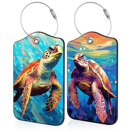 Sea Turtle Luggage Tag for Suitcase 2 Pack Leather Luggage Tag with Privacy Flap Name ID Label and Metal Loop for Women Men Travel