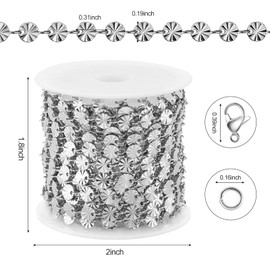 Kyutong 5 Meters Embossed Circle Chain for Jewelry Making Silver Craft Jewelry Roll Stainless Steel Chains Bulk with Clasps for Men Women Make Necklace Bracelet Handcrafts