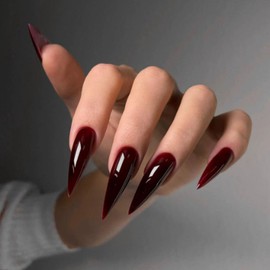 Burgundy Almond Press On Nails – 24PCS Long False Nails with Glossy French Tip, Stick-On Reusable Acrylic Design, Full Cover for Women’s Art, Suitable for Wedding, Cosplay, and Daily Wear