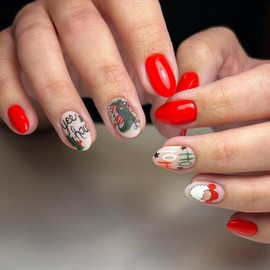 24 Pcs Short Press on Nails Almond Christmas Fake Nails Cute Cartoon Designs Red False Nails Glossy Full Cover Stick on Nails with Letter Pattern Artificial Nails for Women Girls Christmas Nails