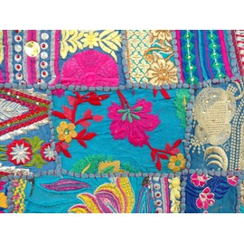 Rastogi Handicrafts Indian Handmade Embroidered Patchwork Old Hanging Wall Art Vintage Tapestry Old Sari Cutting Wall Hanging Parda (Blue, 40 X 60 INCH)