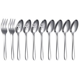 HOMQUEN 10-Piece Serving Flatware Silverware Set,Stainless Steel Serving Utensil Set,Include Slotted Serving Spoon, Serving Spoon, Serving Fork(Silver)