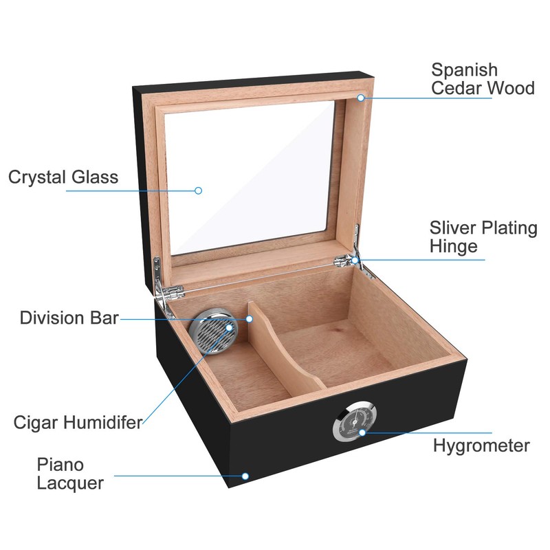 Cigar Humidor, Spanish Cedar Wood Cigar Desktop Box, Glass Top