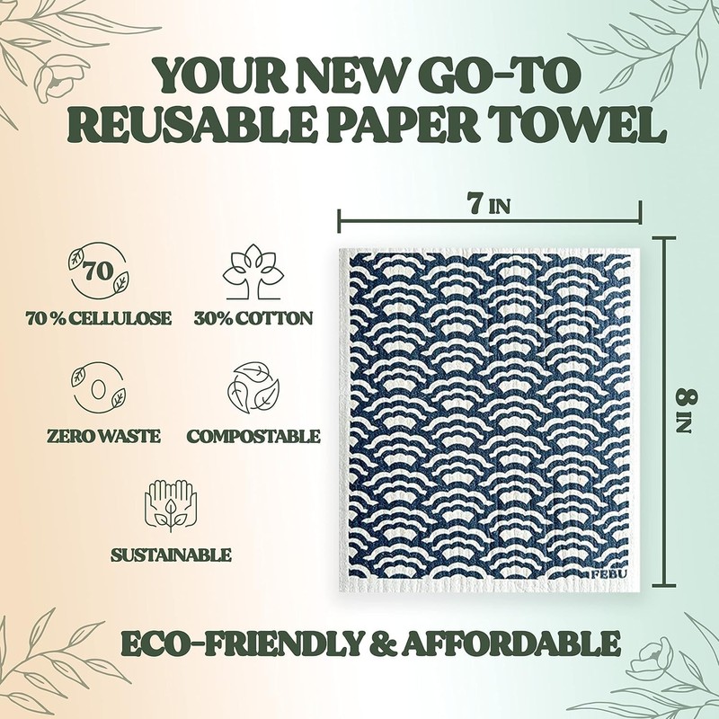 FEBU Swedish Dishcloths for Kitchen | 5 Pack Fruit Pattern