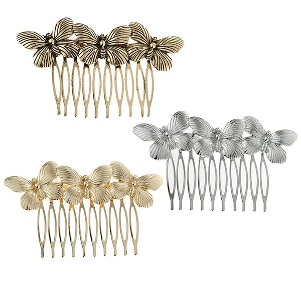 3 Pcs Retro Butterfly Hair Comb Decorative 10 Teeth Metal Hair Combs Pin Hair Accessories for Girls and Women (Gold, Silver, Ancient Gold)