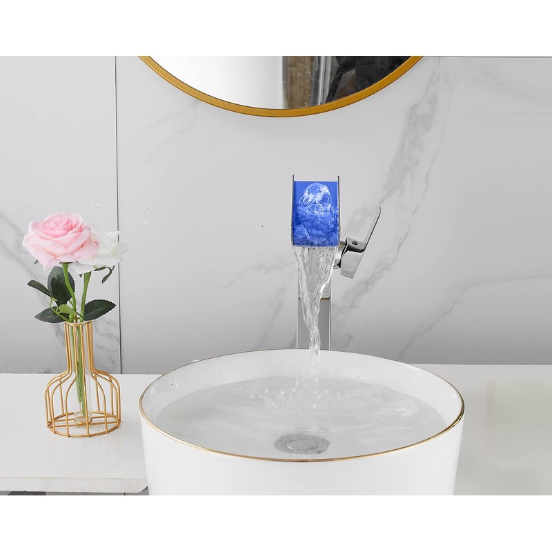 Chrome Bathroom Faucet LED 3 Color Changing Light Waterfall Vessel