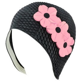 BEEMO Swim Bathing Caps for Women Latex Triple Flowers-Black w/Pink Flowers