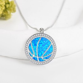 JERWLI Basketball Necklace for Women, 925 Sterling Silver Sports Necklace, Blue Opal Basketball Charm Necklace, Basketball Charm Necklace, Jewelry Gifts for Women, Sterling Silver, No Gemstone