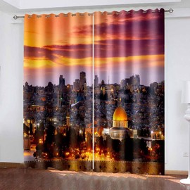 ANAZOZ Living Room Curtains Eyelet,2 x 34W x 45H IN,Blackout Curtain Window Drapes Thermal Curtains 2 Piece City Night View Orange Yellow Brown Kitchen Curtain